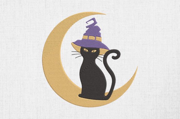 Black Cat with Witch Hat and Moon